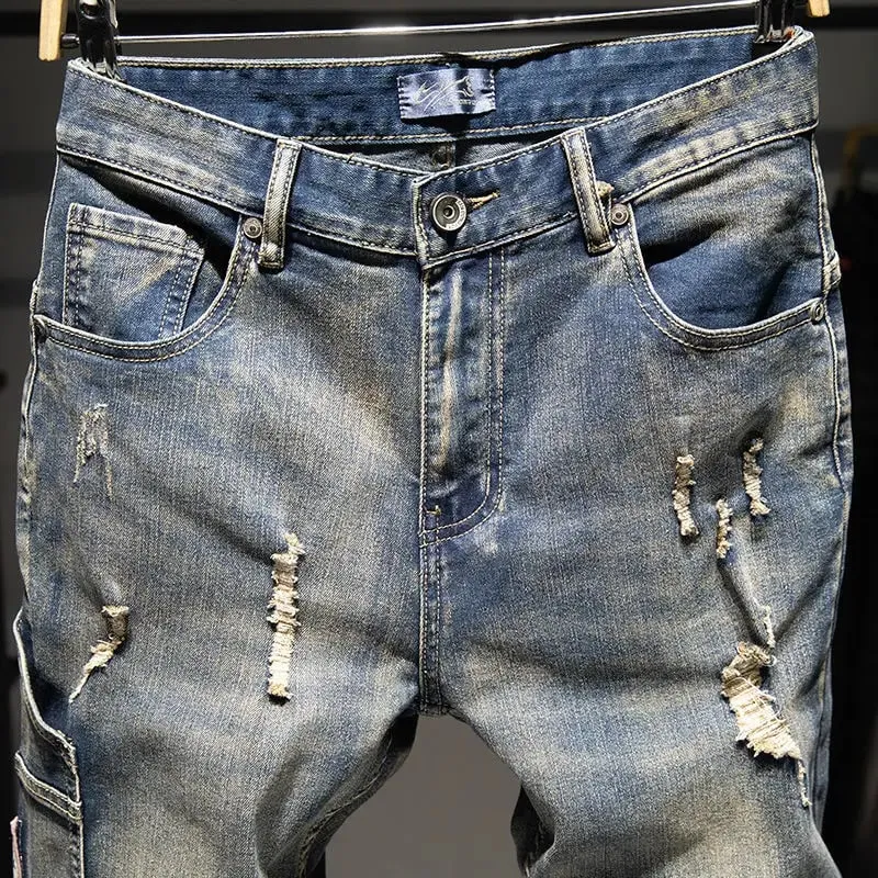 Spring and Autumn Elastic Nostalgic Large Size Ripped Jeans Men's Loose Fat Plus Trendy Brand Fat Guy Pants Washed Long Pants