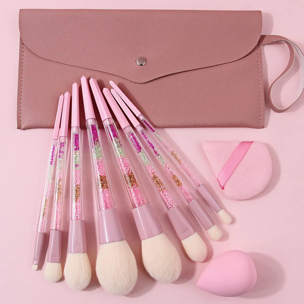 11PCS Pink Glitter Makeup Brush Set with Bag Crystal Handle Brushes Makeup Sponge Powder Puff Storage Bag Soft Hair Full Face
