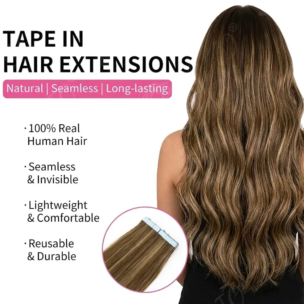 100% Human Hair Tape in Extensions 20Pcs 50g Remy Skin Weft Seamless Invisible Silky Straight Thick Ends for Wedding Women