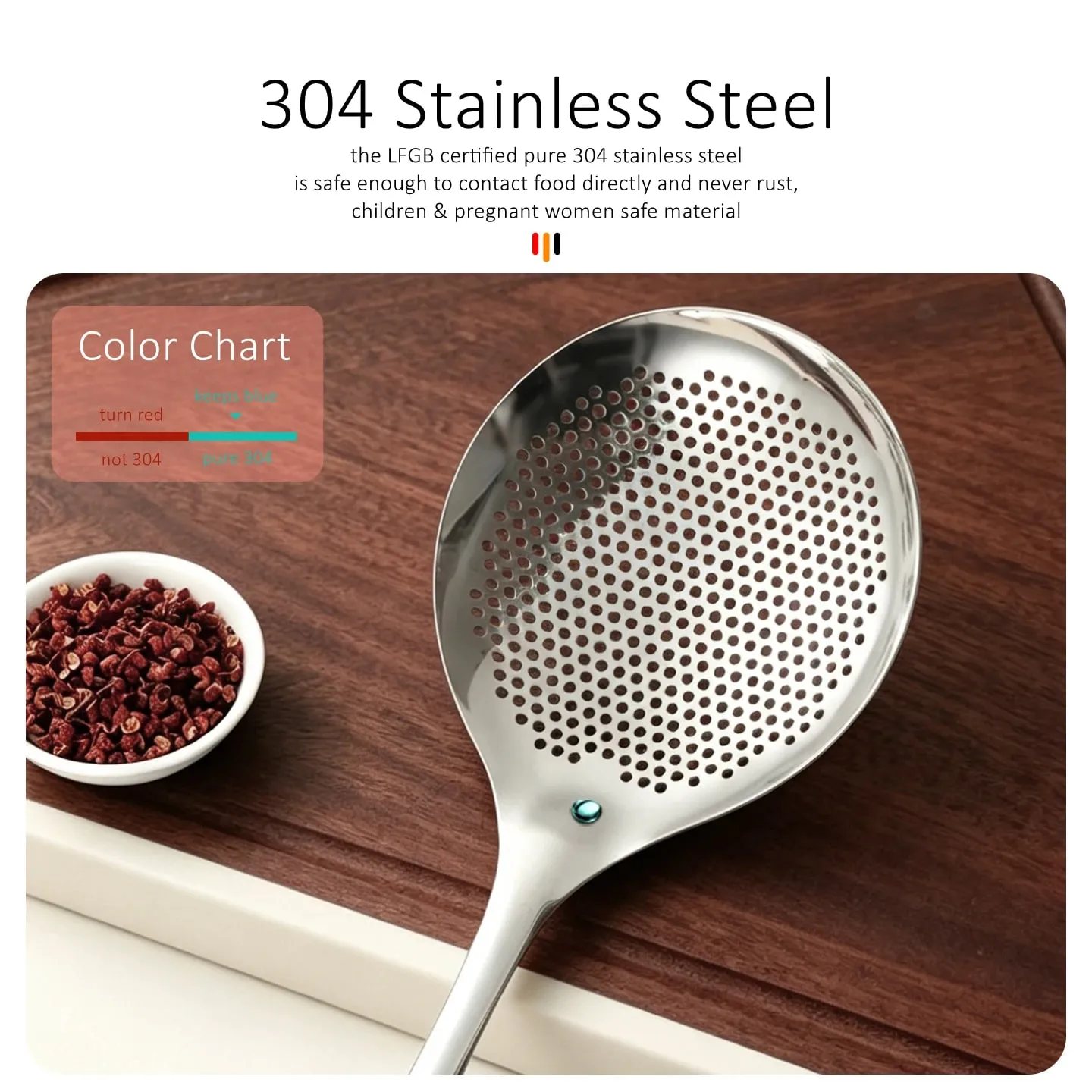 LFGB Certified Pure 304 Stainless Steel Kitchen Cooking Colander Ultra Thick 33cm Handle 12.5cm Head Sieve for Potato Frying