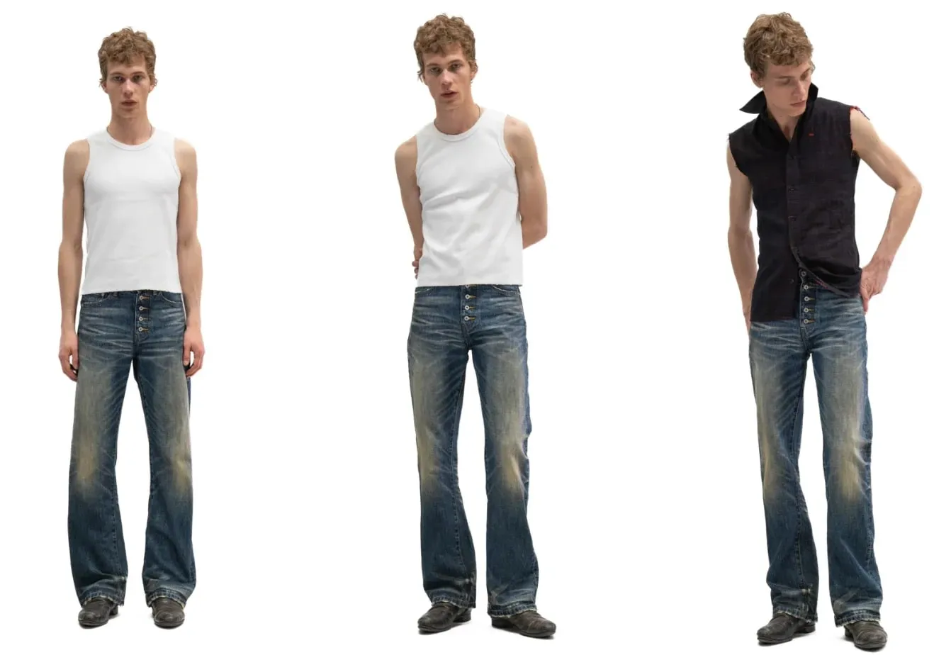 Button‑Fly Cat‑Whisker Pleated Indigo Selvedge Bootcut Jeans