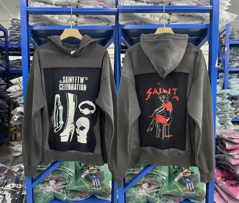 24FW SAINT Vintage Angel Printed Distressed Women Men Hooded Sweatshirt Hoodies Oversized Men Casual Cotton Pullover Hoodie