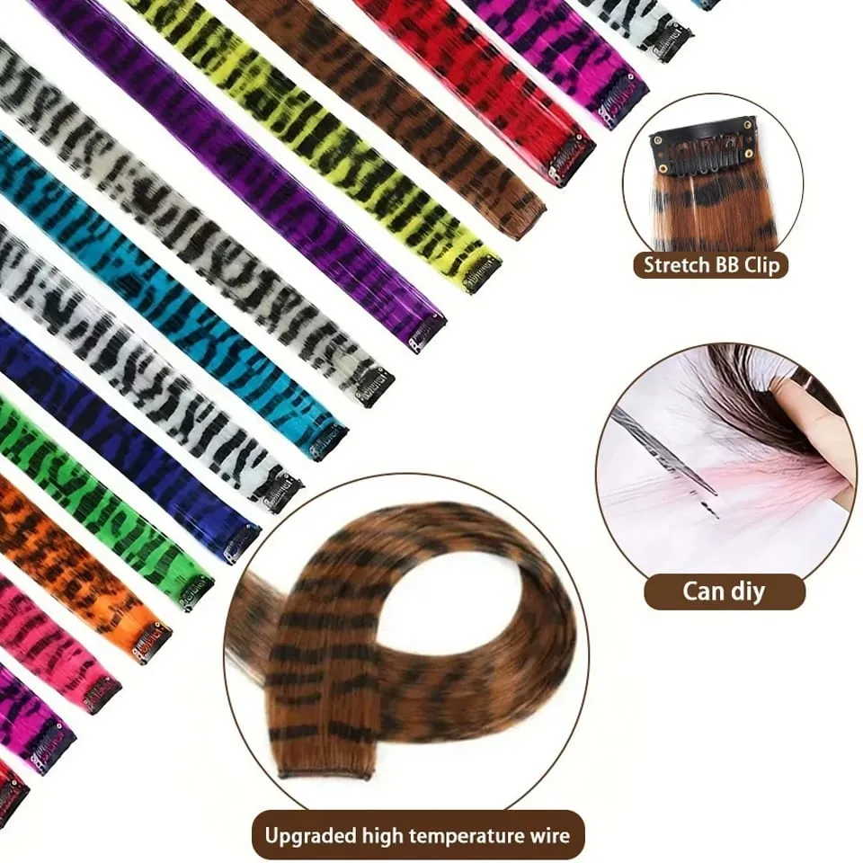 Long Straight Colorful Striped Feather Hairpieces Synthetic Y2K Green Orange Clip in Leopard Print Hair Piece Cosplay Party — image 5