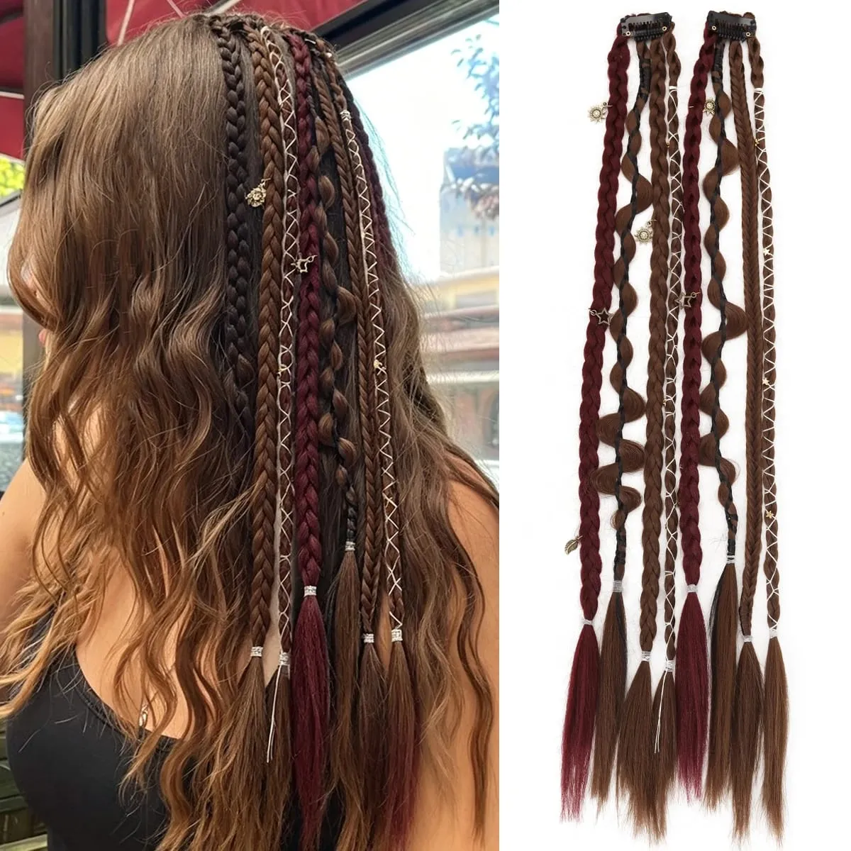 20 Inches Bohemia Clip in Hair Extensions Handmade Synthetic Weaving Clip-on Long Braid Fairy Hair Synthetic Hair Extensions