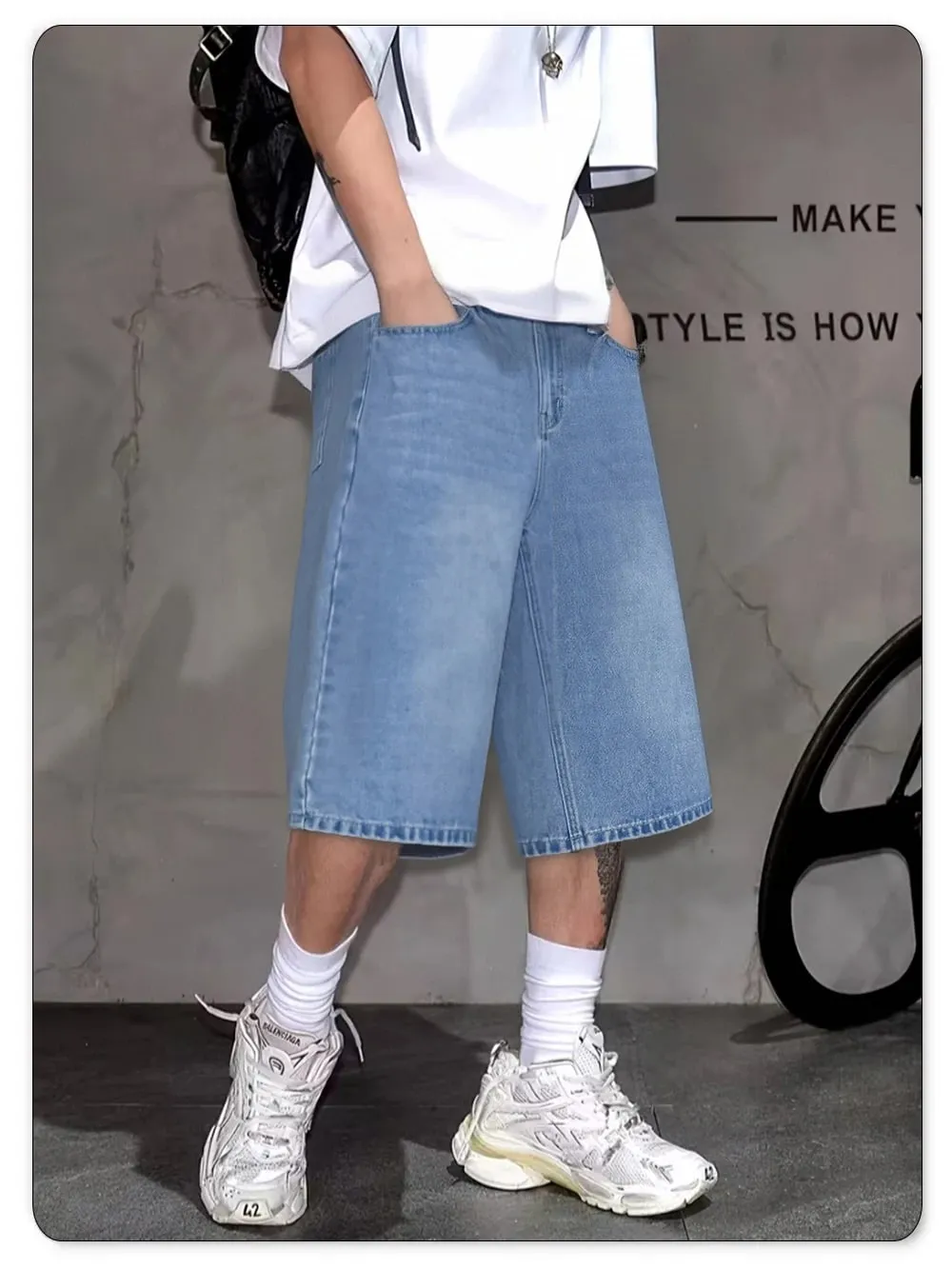Men's Simple Light Blue Retro Ultra Baggy Wide-Leg Denim Shorts Student Youth Street Casual Oversized Baggy Jeans Unisex