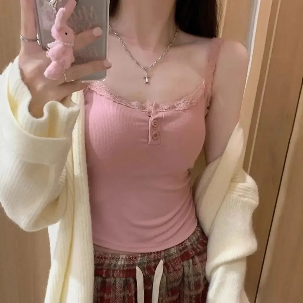 Y2K Lace Trim Spaghetti Strap Cami Top Button?Front Ribbed Knit Slim Fit Sleeveless Crop Camisole Women Casual Basic Tank Top