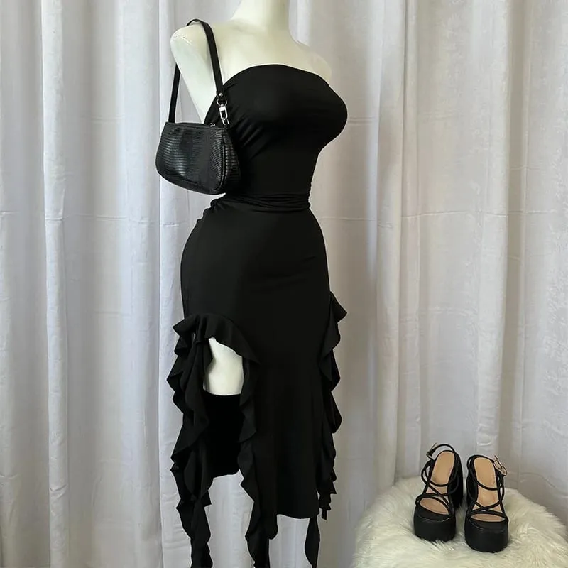 Frauen Liebsten Sexy Floral Falten Saum Hohe Schlitz Mini Kleid 2024 Solide Backless Ärmelloses Schwarz Und Rosa Party Kleid Vestidos