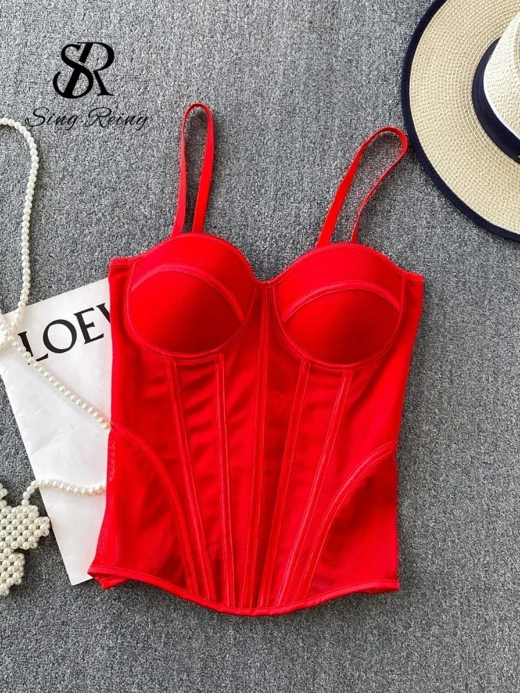 2026 Luxury Mesh Corset Camisole Women Strap Solid Lingerie Top Summer High Quality Tummy Control Sheer Party Tank Top