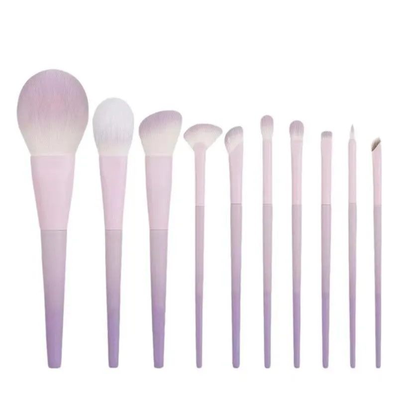 10Pcs Pink Purple Gradient Plastic Handle Makeup Brush Set Synthetic Fiber Bristles Powder Foundation Cosmetic Brushes