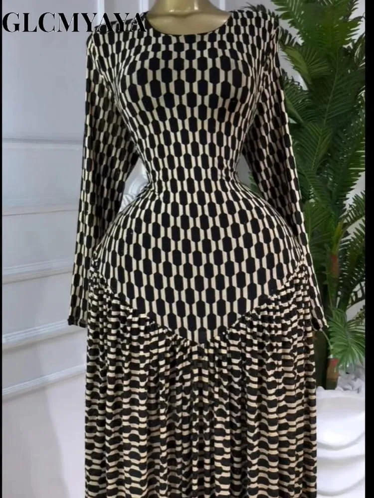 CM.YAYA Women Plaid Round Neckline Long Sleeve Fit and Flare Long Maxi Dress 2025 Even Party Education Vacation Dresses Vestidos
