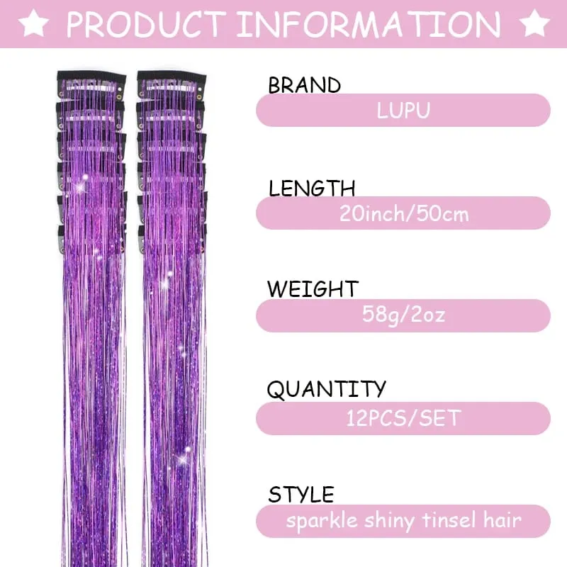 12PCS Synthetic Clip in Tinsel Hair Wig 20inch Hair Tinsel Kit Extensions Shiny Sparkle Hair with Clips for Christma&Party Use