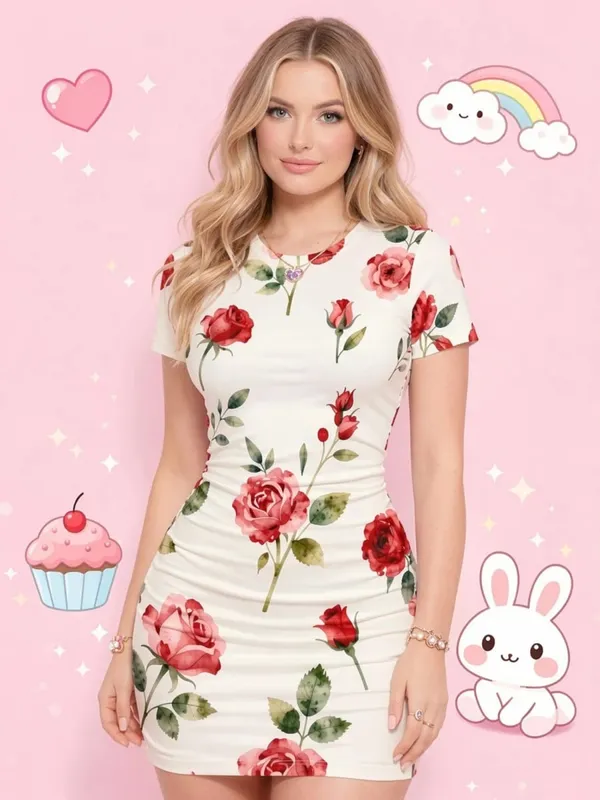 Womens Short Sleeve Bodycon Mini Dress Slim Fit Crew Neck Floral Print Casual Summer Party Lightweight Stretch Clubwear Sundress
