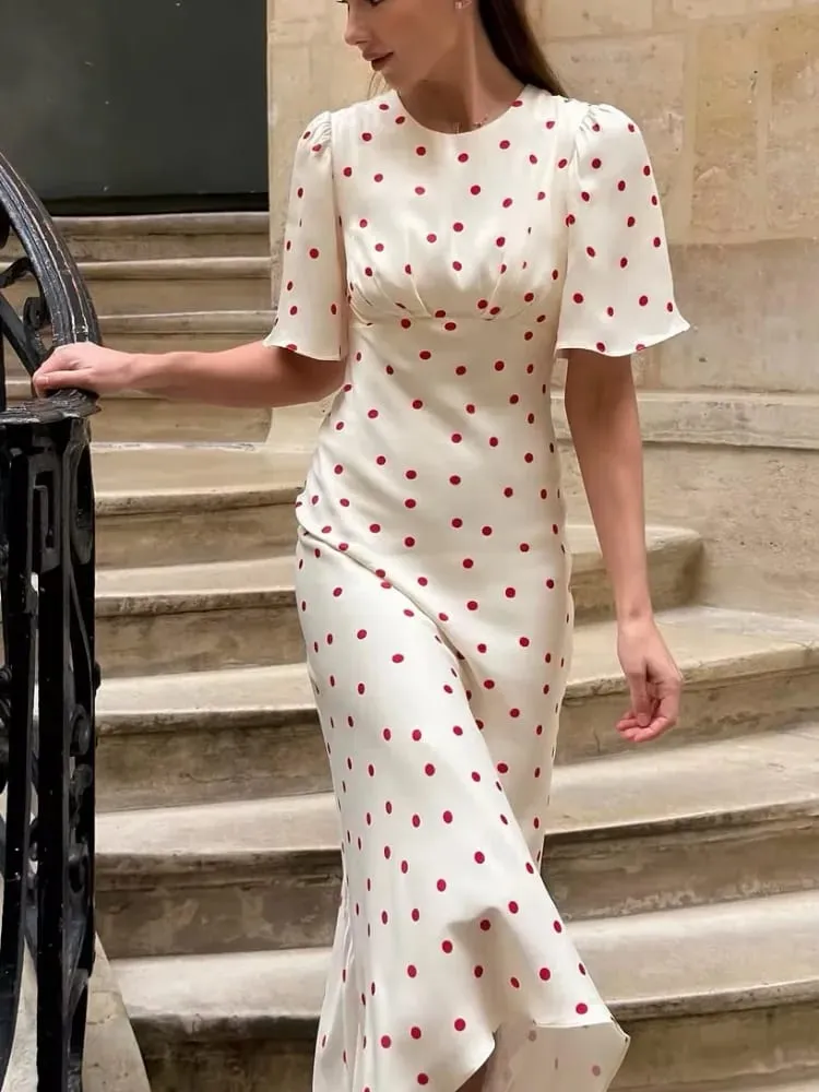 Women's White Red Polka Dot Mixi Dress Elegant Round Neck Flutter Short Sleevewaist Cinching Dresses Women Summer Daily Outfit