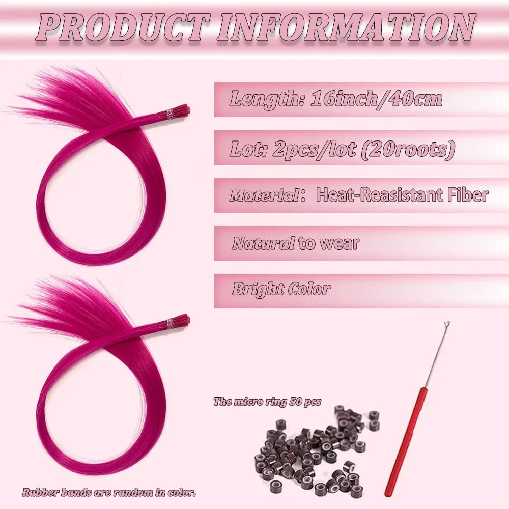 20 Strands Synthetic I-Tip Fusion Hair Extensions Party Colors 16" Straight Heat Resistant Highlight Feather Hairpieces Festival