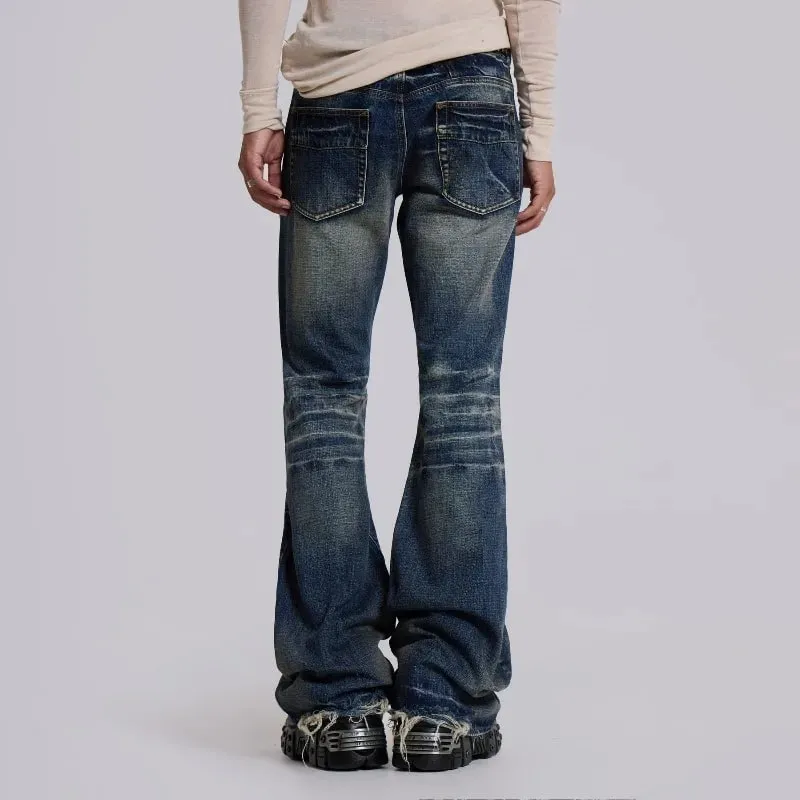 Y2K Vintage Flared Jeans Mid Blue Washed Men Women Bootcut Jeans American Hip Hop Distressed Streetwear Unisex Wide Leg Pants