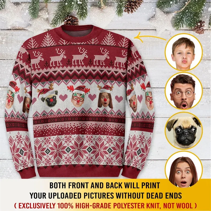 Custom Family Photo Christmas Sweatshirt Personalized Face Picture Print Xmas Tree Ugly Christmas Long Sleeve Party Tops