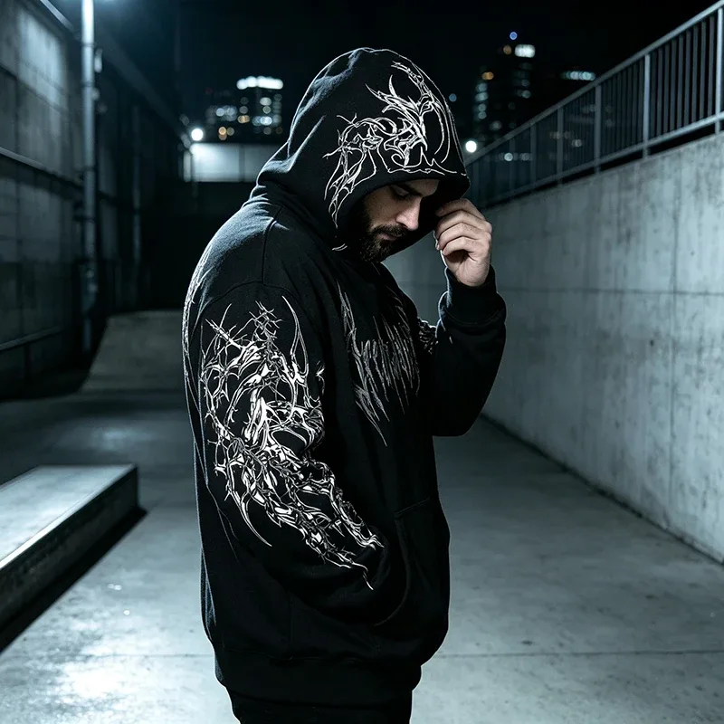 Men Alt Gothic Pullover Hoodie Y2k High Street American Style Dark Thorn Print Fleece Lined Loose Biker Fall Winter Sweatshirt