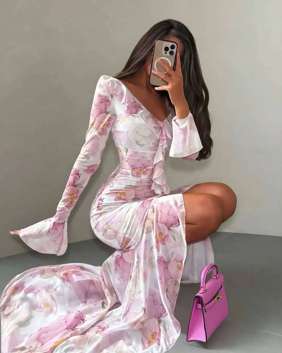 Pink Floral Print Maxi Dress V-neck Ruffle Trim Flare Women Sleeve Ruched High Slit Chiffon Dresses Elegant Evening Party Robe