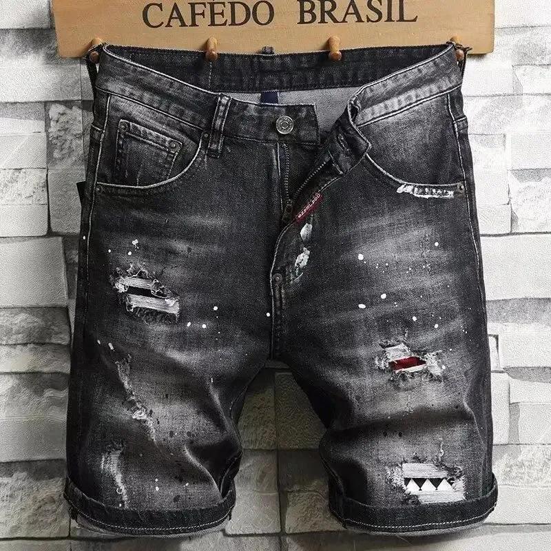 2025 Denim Shorts Men's Summer Trend Brand Printed Embroidered Trend Slim-Fit Casual Elastic Black Trousers Man Jeans Pants