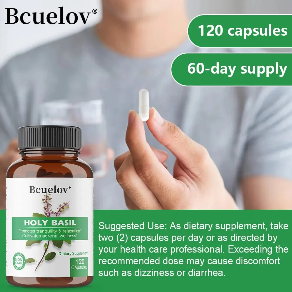 Holy Basil Tulsi Extract Capsules Support Adrenal Immune Respiratory & Daily Calm Wellness Stress & Anxiety Relief