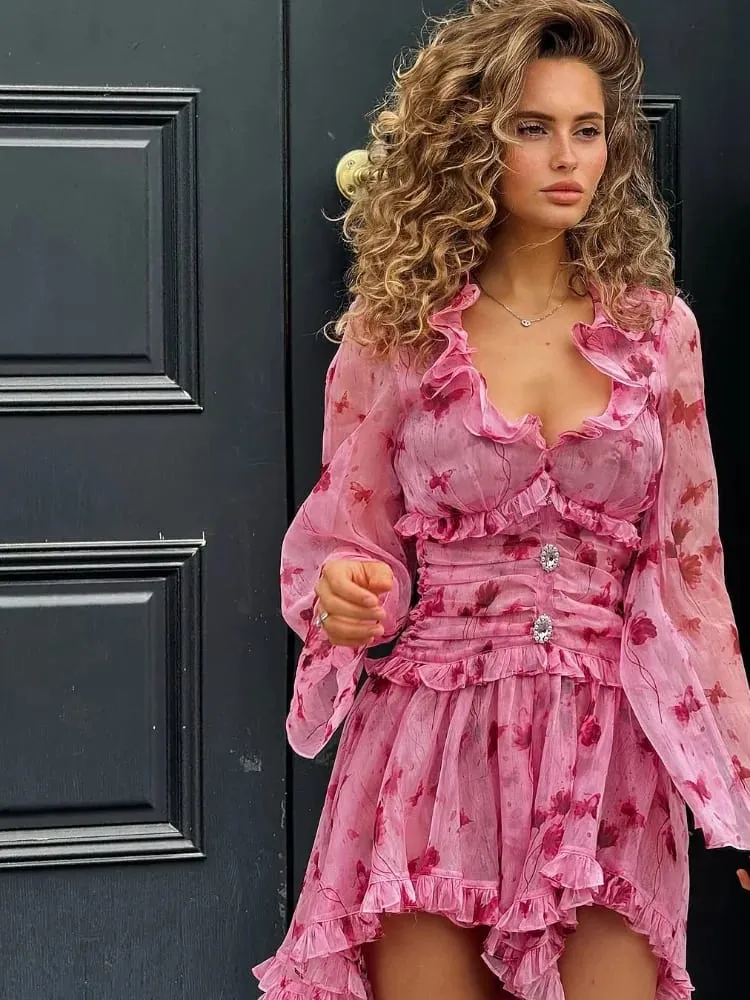 Women Elegant Floral A-line Pleated Dress Sexy Long-sleeved Waist Cinching Ruffle Mini Dresses 2026 Lady Vacation Street Gowns