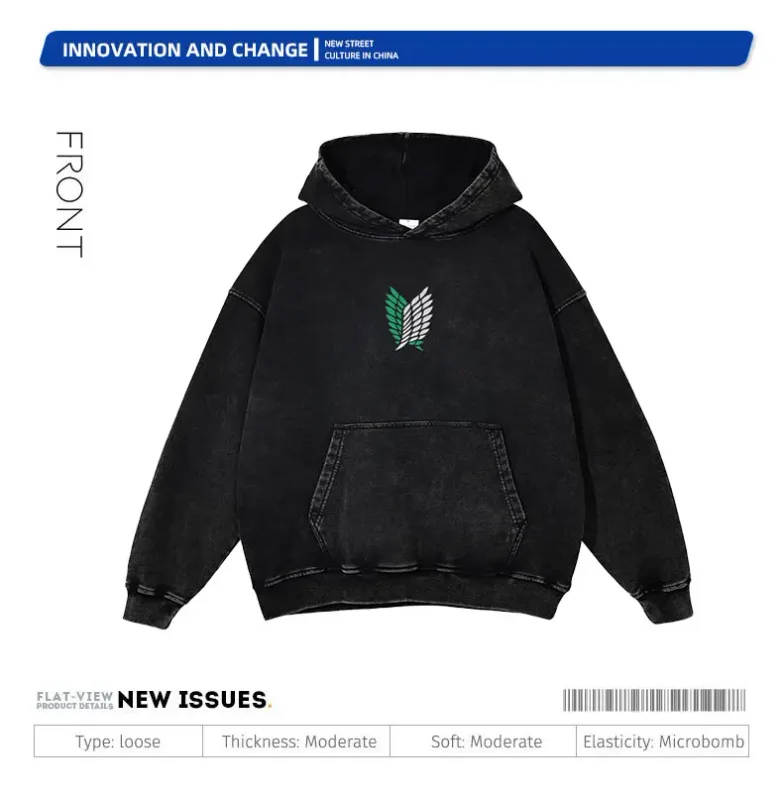 Anime Levi Hoodies Vintage Washed A-Attack on Titan Hoodie Casual Manga Yeager Eren Kapuzenpullover Titan Attack Pullover