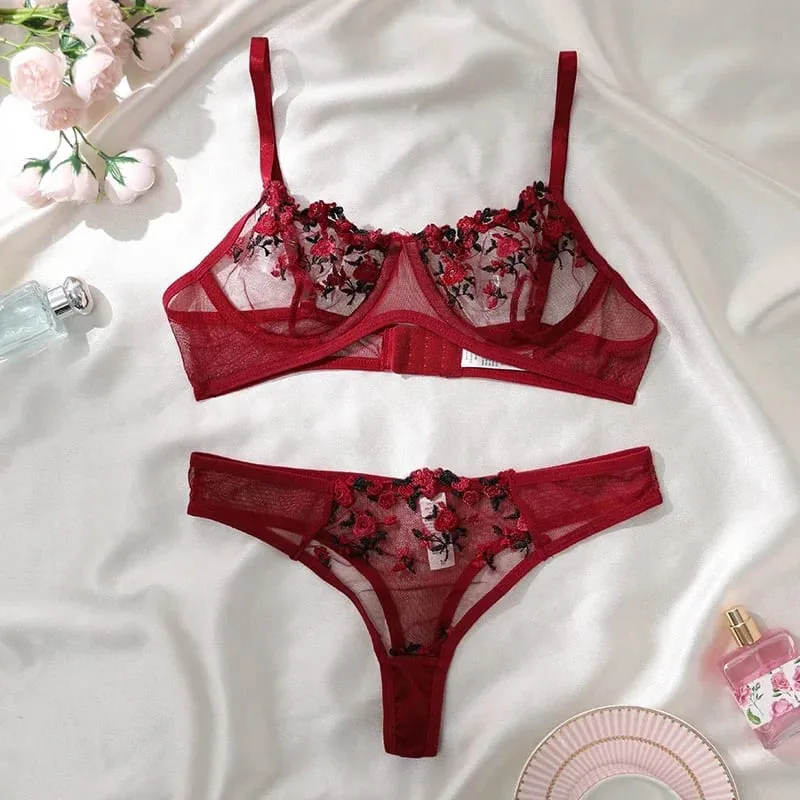 Purple Fancy Lingerie Set Women Embroidered Flower Bra and Panty Underwear Female Outfits