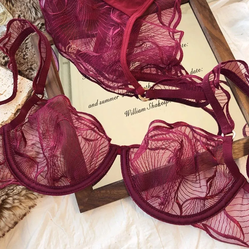 Womens French Lace Bra Set Ultra Thin Embroidery Hollow Minimizer Brassiere Sheer Lingerie Underwear Soft Comfortable 32 to 38