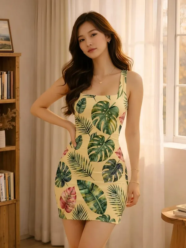Women Strap Bodycon Mini Dress Square Neck Slim Fit Travel Holiday Cafe Casual Elegant Outfit for Hotel Brunch Weekend Style