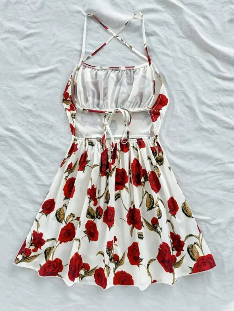 Hanging neck cross thin suspender short dress with waist cinching and big swing creating an atmosphere for women's short skirt