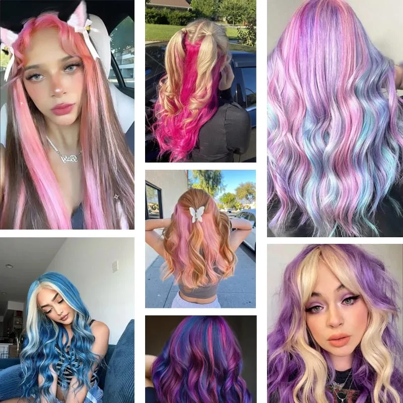 10Pcs Pink Clip in Hair Extensions Party Highlights Wig Synthetic Colored Straight Hairpiece for Girls Kids Christmas Party Use