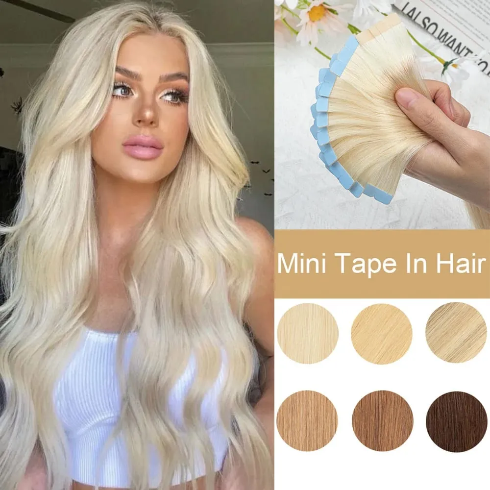 Blonde Mini-Tape-in-Haarverlängerungen, Echthaar, natürlich, glatt, schwarz, braun, doppelseitig, nahtlos, PU-Hautschuss-Tape-Ins, 10 Stück — image 1