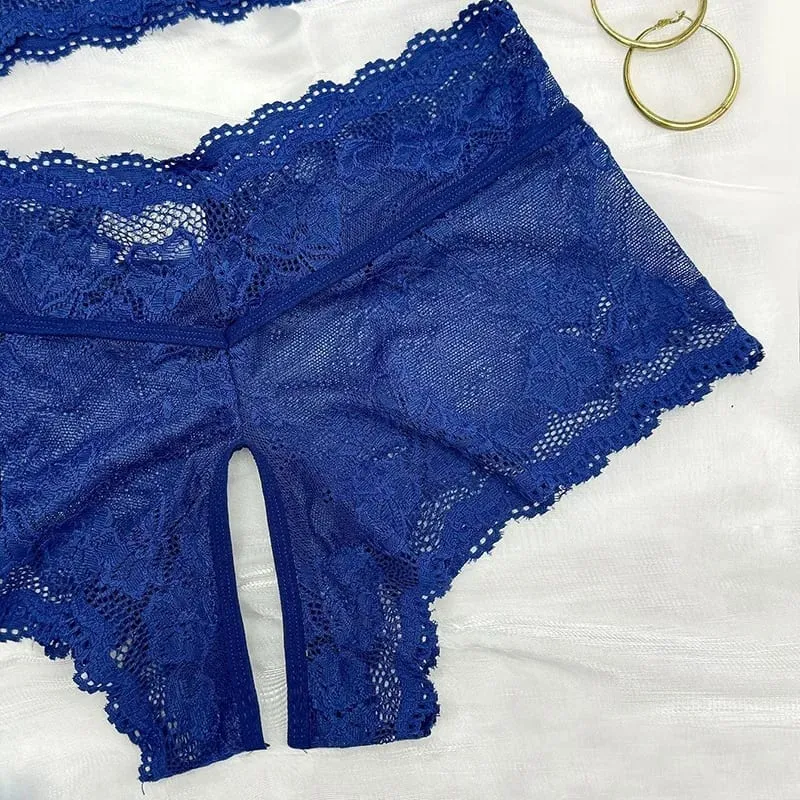 Sensual Lingerie Transparent Lace Bra Kits Crotchless Female Underwear Set Dark Blue Hollow Exotic Sets Tempation Intimate Goods