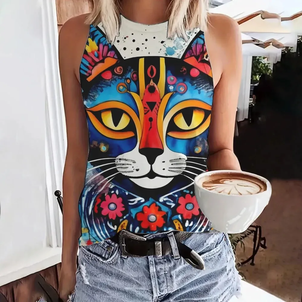 Débardeur d'été imprimé visage drôle de chat en 3D pour femmes, Streetwear à la mode, surdimensionné, col rond, gilet, épaules dénudées, sans manches, Camisole