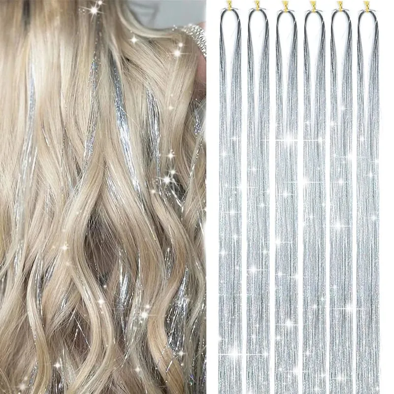 6Pcs Hair Tinsel Kit 24inch 1200 Strands Glitter Tinsel Hair Extensions Shiny Colorful Tinsel Hair Party Highlights for Women