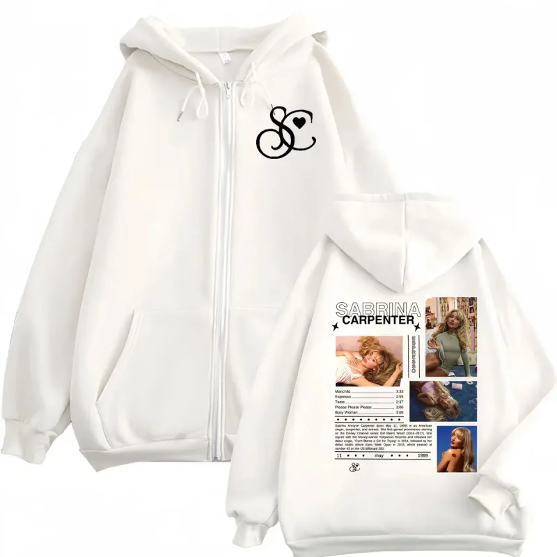 Singer Sabrina Carpenter Graphic Zipprer Hoodie Fashion Aesthetic Zip Up Hooded Sweatshirts Men Women Casual Oversized Pullovers