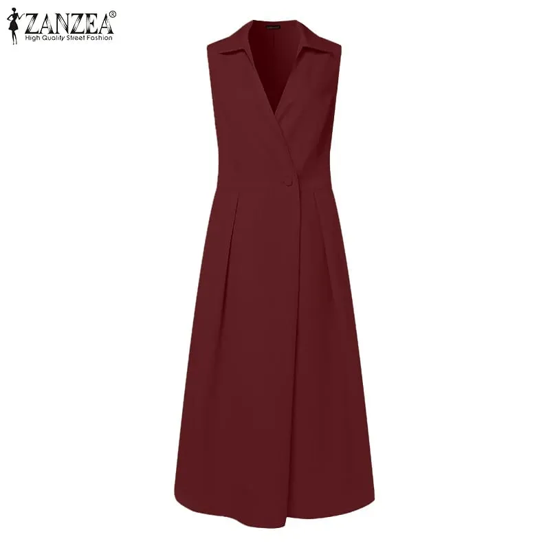 Pendlermode Midikjole Sommer Revershals Elegant Cinched Talje Plisseret Kjoler Kvinder Solid Farve A-line Vestidos