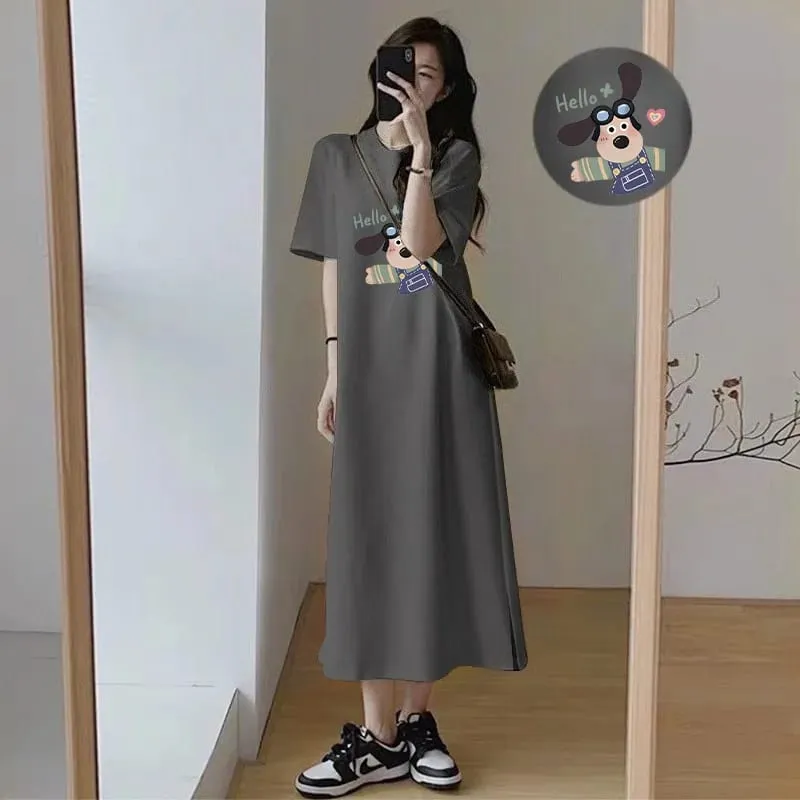 Cute Cartoon Dog Print T-Shirt Dress Women Loose Short Sleeve Split Casual Midi Dress
