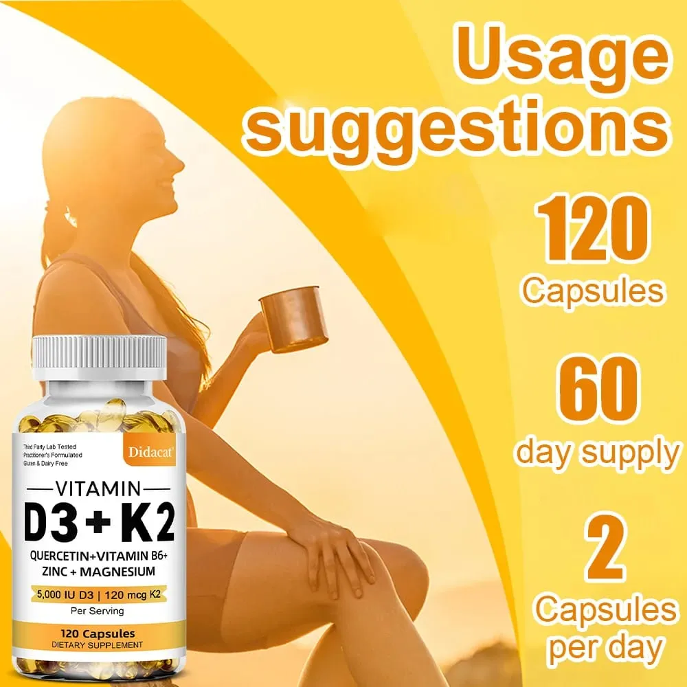 Vitamin D3 K2 Capsules Daily Supplement Healthy Immune System Heart and Bones Multi Diet Supplement for Adults — image 6