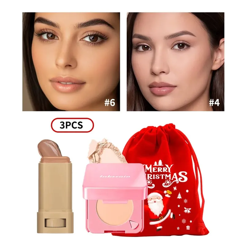 3Pcs Foundation Stick Face Pressed Powder Compact with Christmas Drawstring Bag Long Lasting Matte Face Cosmetic Christmas Gift