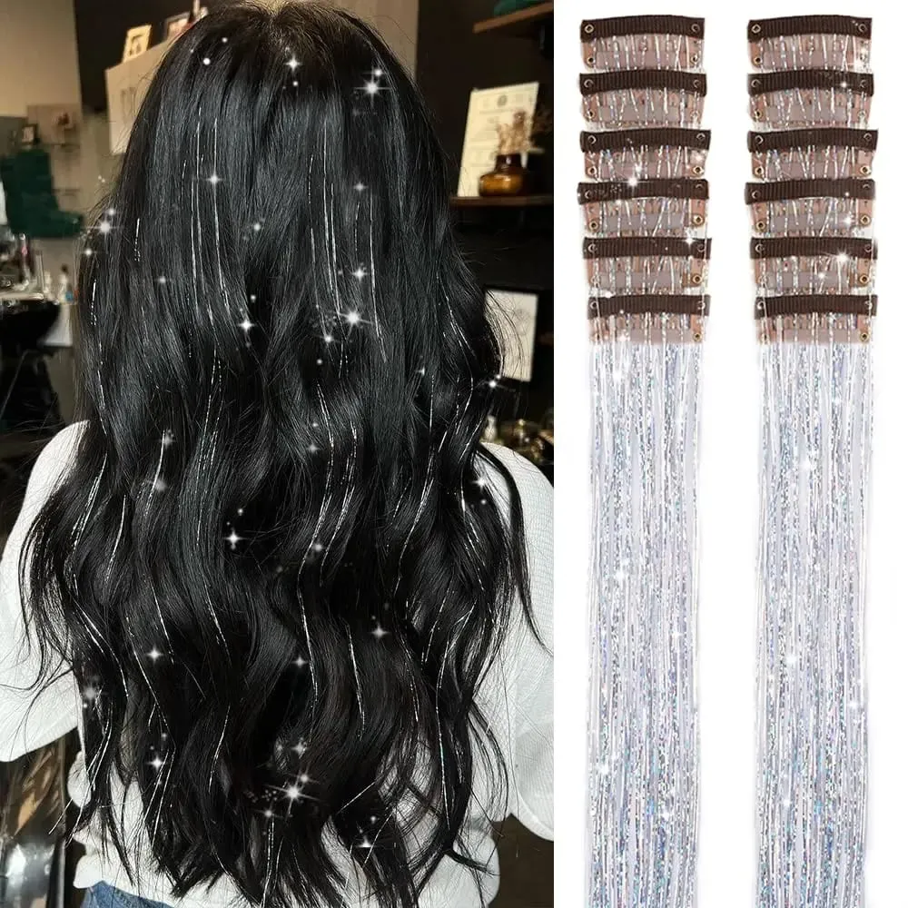 Synthetic Hair Clips in Glitter Tinsel Hair Extensions 20 Inch 6 PCS/Set Heat Resistant Sparkle Clip in Hair for Girls Women