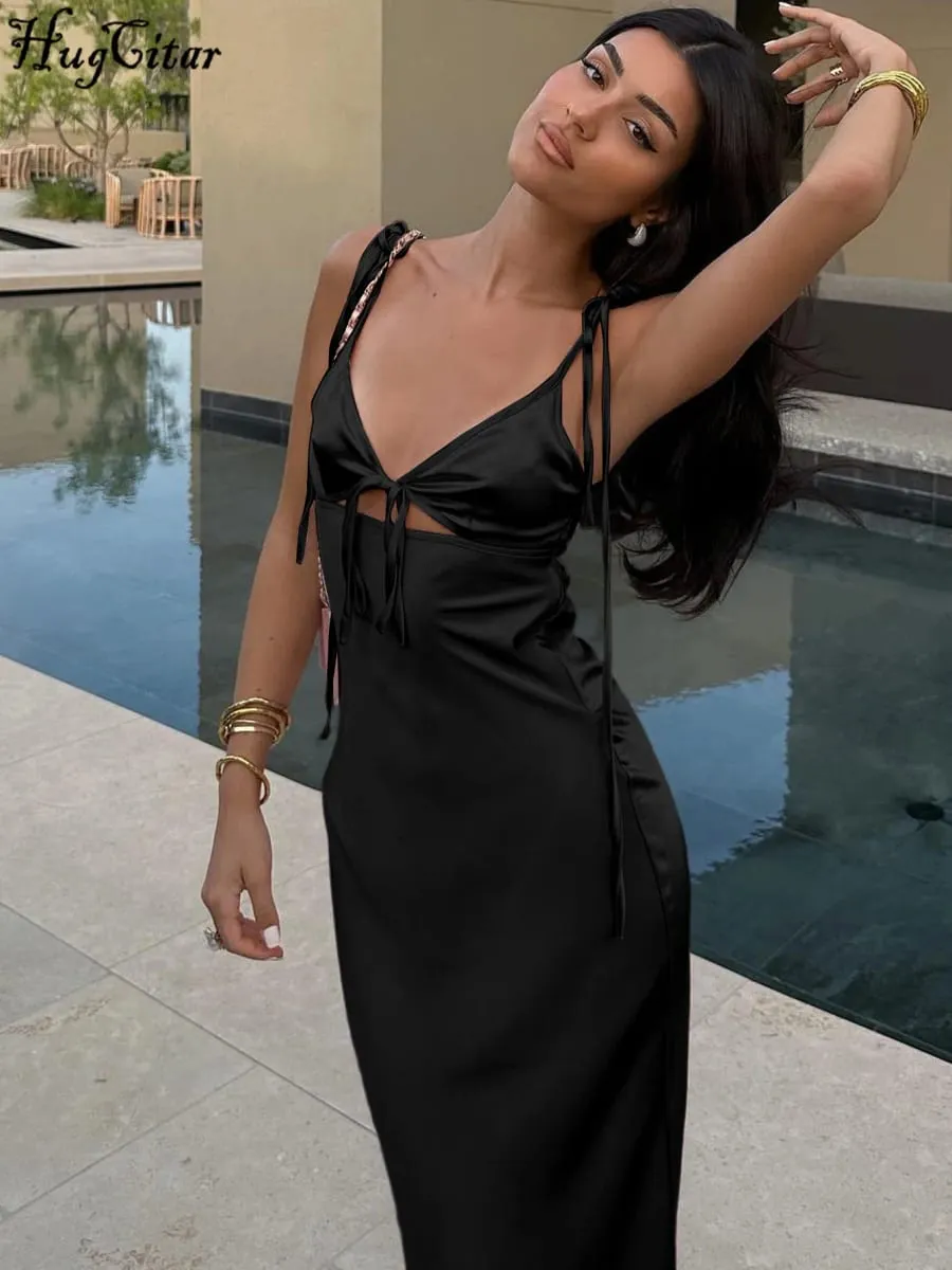 Hugcitar Col en V Solide Slips Dos Nu Évider À Lacets Sexy Moulante Maxi Robe De Bal D'été Femmes Tenues Élégantes Fête D'anniversaire