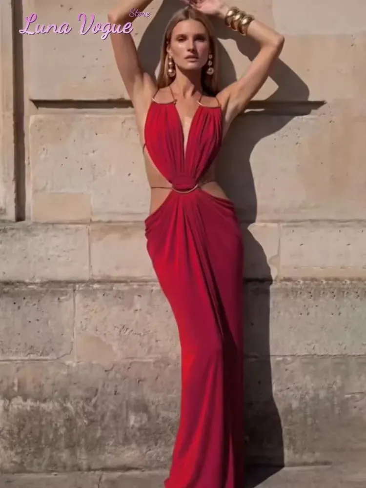 Solid Color Spaghetti Strap Sleeveless Maxi Gown Women Sexy Deep V Cutout Waist Ruched Evening Dress Summer Elegant Party Wear