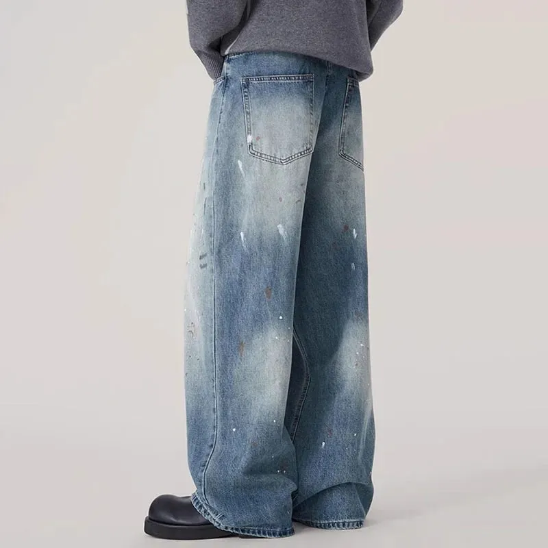 Autumn Korean Splashed Ink Jeans Men'S Straight Leg Pants Fashionable High Street Retro Loose Wide Leg Pants Design Pants