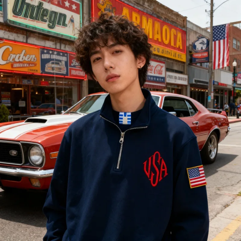 Vintage USA Flag Embroider Sweatshirts Navy Blue Quarter Zip Sweatshirt Fast delivery Streetwear High Street Y2k Fashion Hoodies