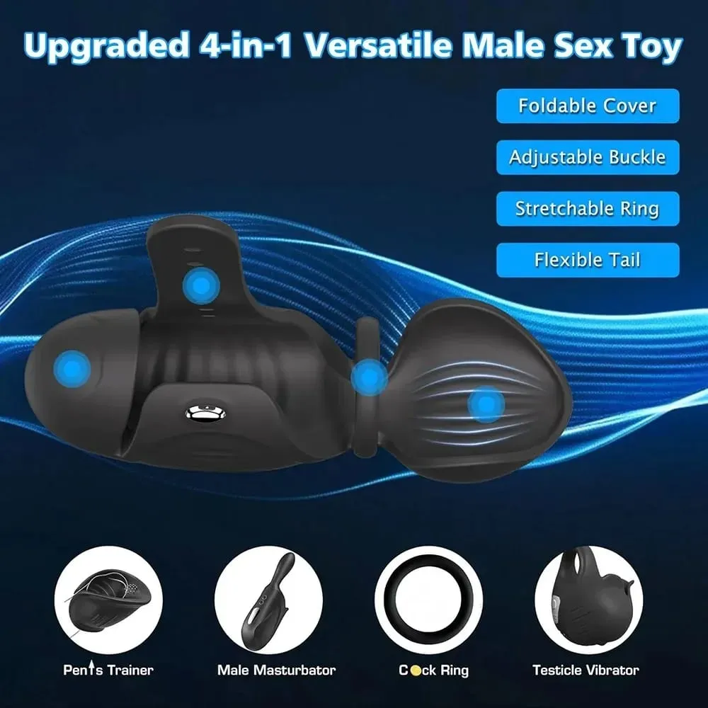 4-in-1 Adjustable Male Masturbator Penis Vibrator Trainer Penis Exerciser Stroker with Cock Ring Testicle Masturbators Sex Toys