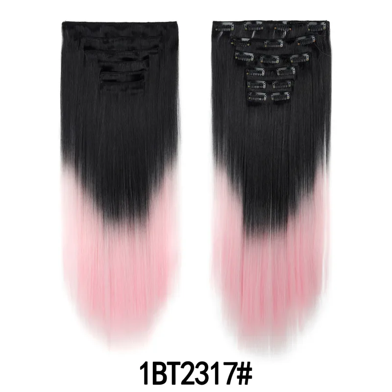 6 ชิ้น 24 นิ้วสี Ombre คลิปต่อผมยาวสังเคราะห์ตรง Hairpieces Layered นุ่มคลิปที่มองไม่เห็น Ins Extensions