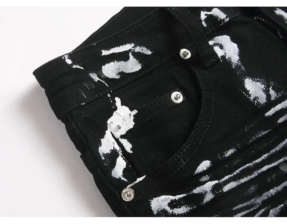 Men Painted Slim Tapered Jeans Punk Zipper Black Stretch Denim Pants Casual Streetwear Trousers