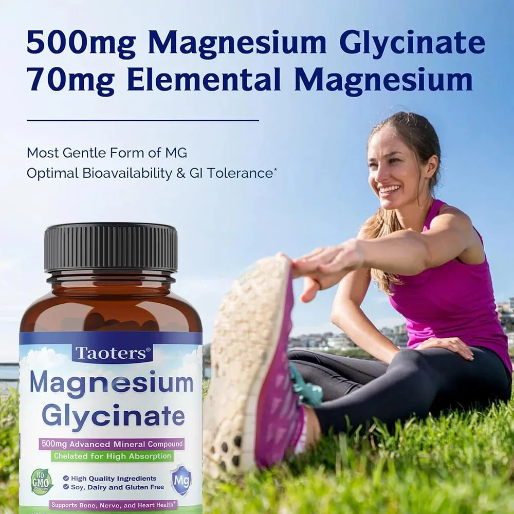 Magnesium Glycinate Capsules 500 Mg of Mineral Chelate To Enhance Absorption and Support Bone Nerve and Heart Health