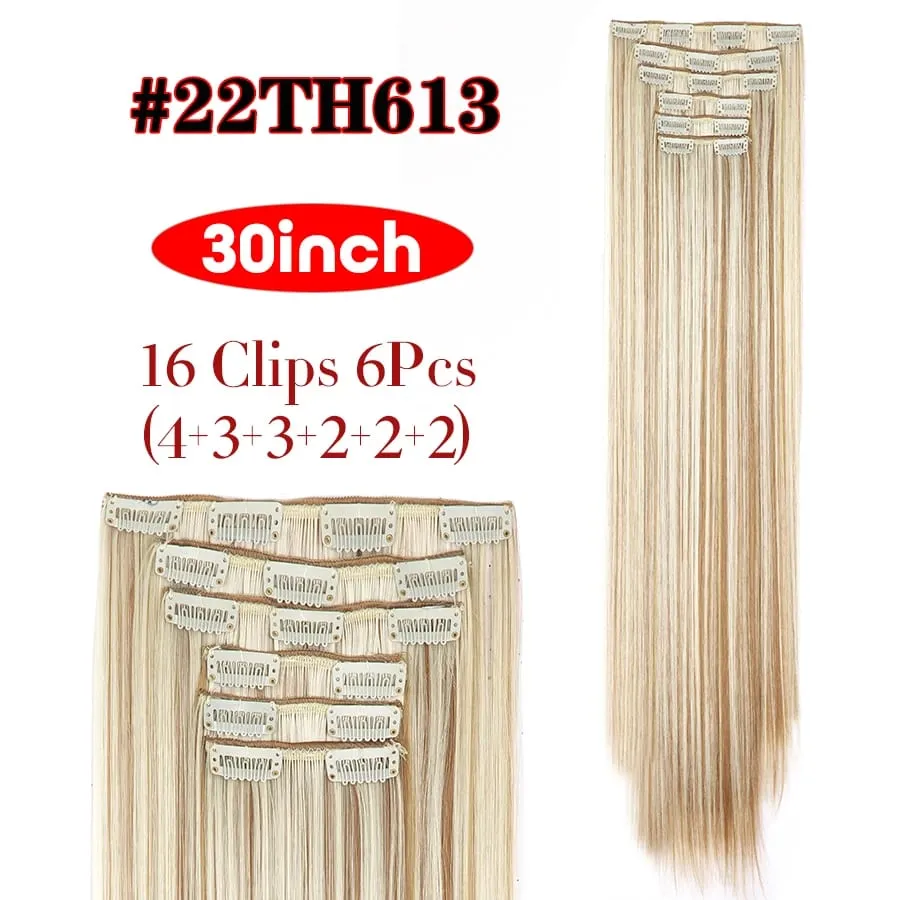 6Pcs/Set 16 Clips In Hair Extensions Black Brown Straight Synthetic Hairpieces 30Inch Thick Hair Extension For Girls Daily Use